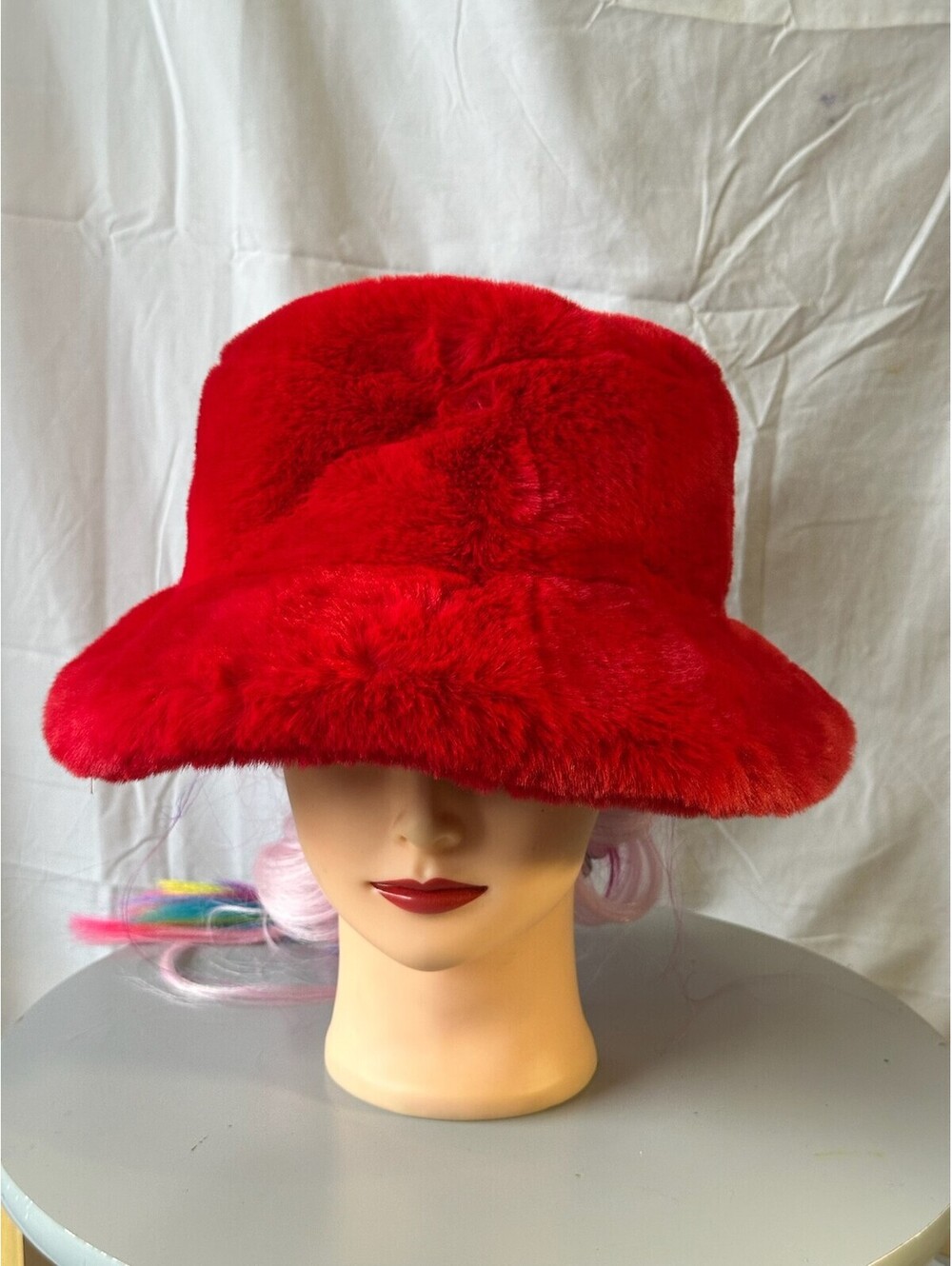 Donna Salyers Fabulous-Furs Red Faux Fur Bucket Hat Leopard Lining New With Tags